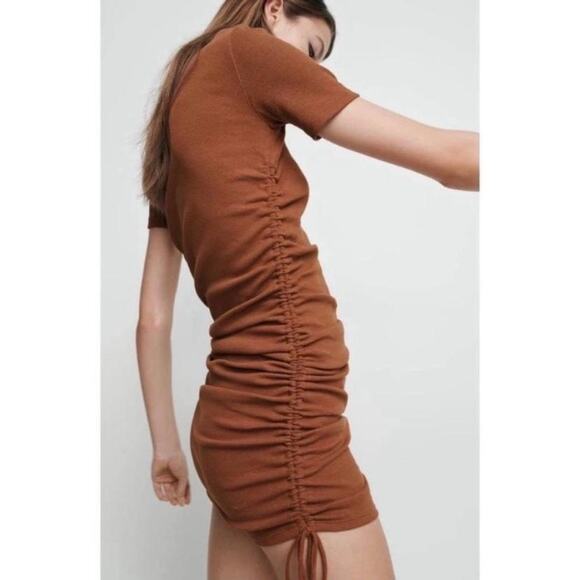 Zara Brown Ribbed Knit Short Sleeve Side Ruched Tie Mini Bodycon Dress Size S - Picture 12 of 12
